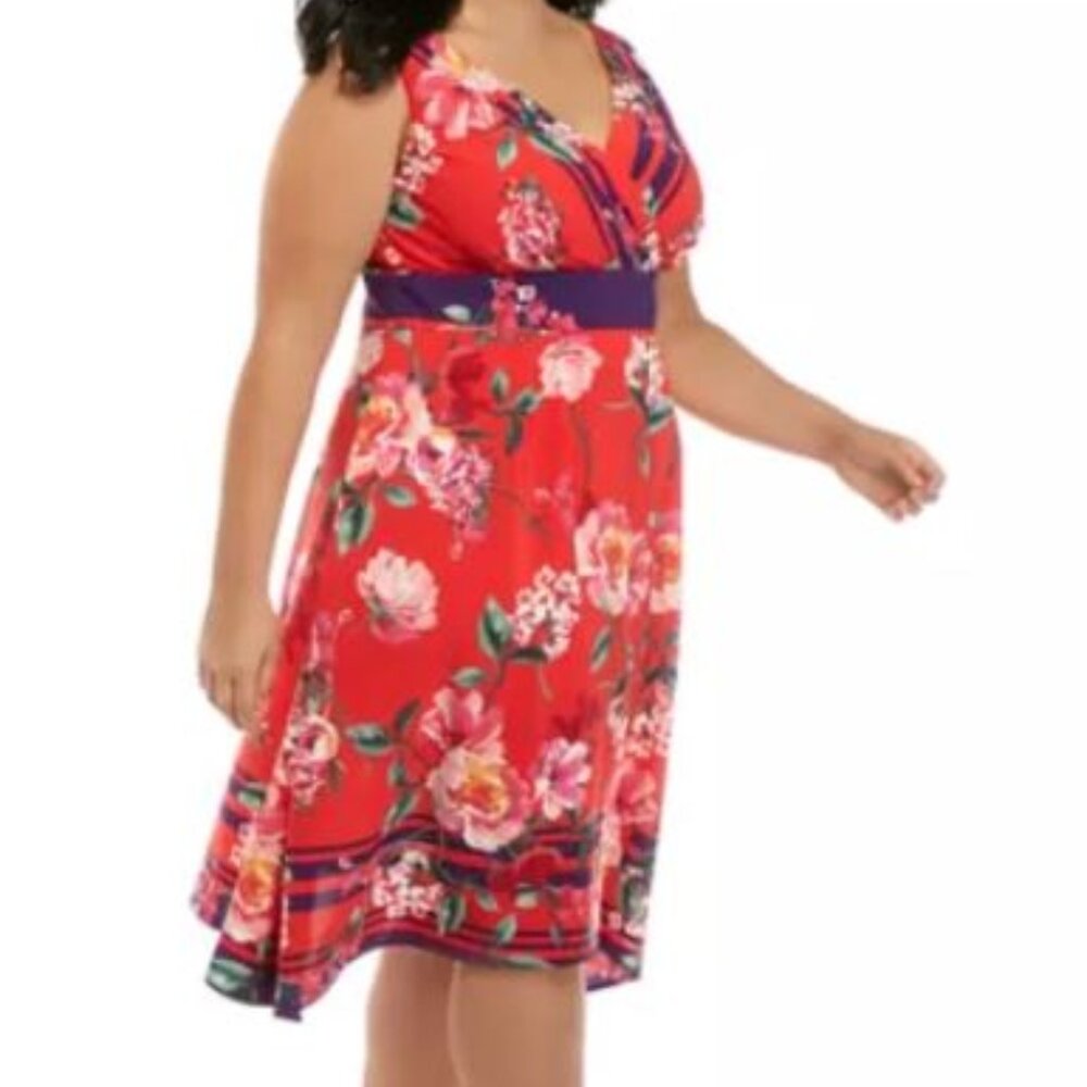 NEW Chris McLaughlin Sleeveless Red Navy Floral Print V Neck Dress Size 24W